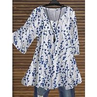 Women's Plus Size Tops Blouse Shirt Floral Leaf Print 34 Length Sleeve Crewneck Streetwear Daily Holiday Cotton Spandex Jersey Fall Spring Green Blue Lightinthebox - thumbnail
