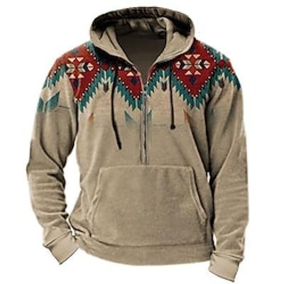 Graphic Tribal Daily Classic Casual Men's 3D Print Hoodie Quarter Zipp Hoodie Sports Outdoor Holiday Going out Hoodies Light Brown Brown Green Hooded Front Pocket Spring   Fall Designer Lightinthebox