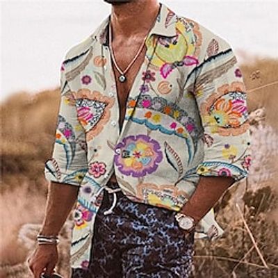 Men's Shirt Floral Turndown Beige 3D Print Outdoor Street Long Sleeve Button-Down Print Clothing Apparel Fashion Designer Casual Breathable miniinthebox