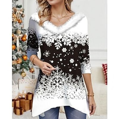 Women's T shirt Tee Christmas Shirt Snowflake Black Print Long Sleeve Party Christmas Weekend Festival  Holiday Fur Collar Regular Fit Fall  Winter Lightinthebox