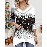 Women's T shirt Tee Christmas Shirt Snowflake Black Print Long Sleeve Party Christmas Weekend Festival  Holiday Fur Collar Regular Fit Fall  Winter Lightinthebox - thumbnail
