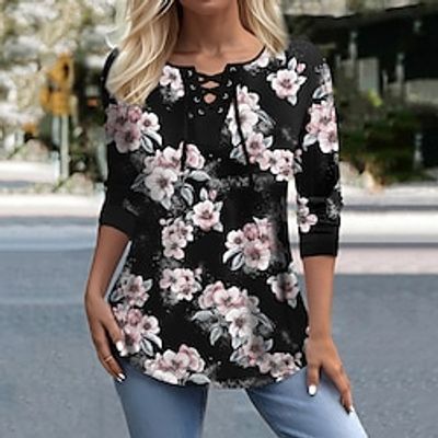 Women's T shirt Tee Floral Black Print Long Sleeve Holiday Weekend Fashion V Neck Regular Fit Fall  Winter Lightinthebox
