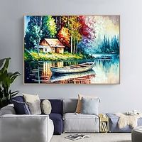 Hand-Painted Modern Wall Decor Beautiful Canvas village Landscape Painting Knife Lake Scenery Colorful Oil Painting Rolled Canvas (No Frame) miniinthebox - thumbnail