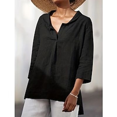 Women's Plus Size T shirt Tee Summer Tops Tunic Plain Black White Brown Asymmetric 34 Length Sleeve Work Casual Holiday Fashion Casual V Neck Loose Fit Bell Sleeve Spring   Fall All Seasons Lightinthebox