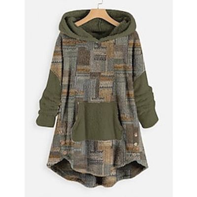 Women's Hoodie Sweatshirt Pullover Fleece Teddy Fuzzy Front Pocket Print Blue Green Plaid Loose Fit Casual Sports Hoodie Long Sleeve Top Micro-elastic Fall  Winter Lightinthebox