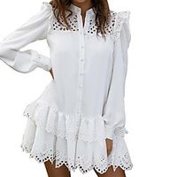 Women's A Line Dress Short Mini Dress White Black Long Sleeve Solid Color Lace Fall V Neck Casual 2021 S M L XL Lightinthebox - thumbnail