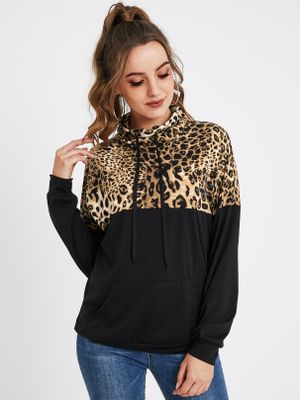 YOINS Black Elastic Strap Leopard Turtleneck Long Sleeves Sweatshirt YOINS Black Elastic Strap Leopard Turtleneck Long Sleeves Sweatshirt