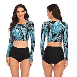 Women's Tankini Two Piece Swimsuit Bathing Suit Floral / Botanical Swimwear Blue UV Sun Protection Ultra Light (UL) Breathable Long Sleeve - Swimming Surfing Water Sports Autumn / Fall Spring miniinthebox
