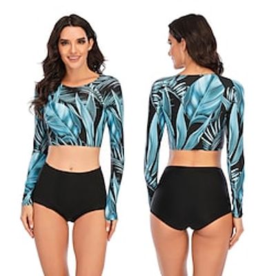 Women's Tankini Two Piece Swimsuit Bathing Suit Floral / Botanical Swimwear Blue UV Sun Protection Ultra Light (UL) Breathable Long Sleeve - Swimming Surfing Water Sports Autumn / Fall Spring miniinthebox