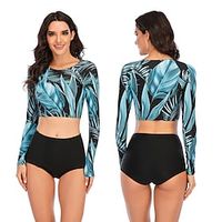 Women's Tankini Two Piece Swimsuit Bathing Suit Floral / Botanical Swimwear Blue UV Sun Protection Ultra Light (UL) Breathable Long Sleeve - Swimming Surfing Water Sports Autumn / Fall Spring miniinthebox - thumbnail