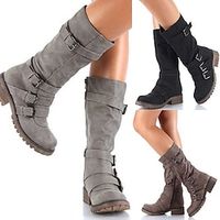Women's Boots Biker boots Plus Size Outdoor Daily Mid Calf Boots Buckle Block Heel Chunky Heel Round Toe Vintage Classic Casual Faux Leather Loafer Solid Color Black Brown Gray Lightinthebox - thumbnail