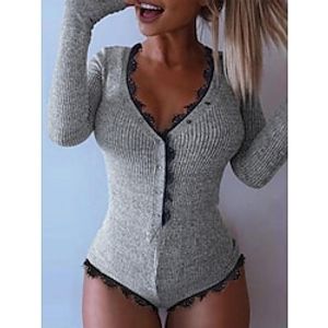 Women's Sleep Onesie V-neck Lace Romper Long Sleeve Ribbed Bodysuits Comfort Soft Home Daily Polyester Plunging Neck Short Pant Fall Winter Gray Lightinthebox