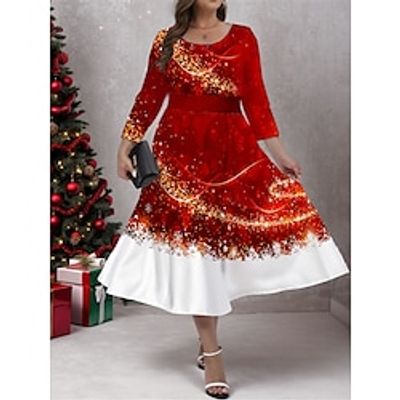 Women's Plus Size Curve Christmas Dress Casual Dress Winter Dress Snowflake Midi Dress 34 Length Sleeve Print Crew Neck Fashion Outdoor Red Burgundy Fall Winter L XL 2XL 3XL 4XL Lightinthebox