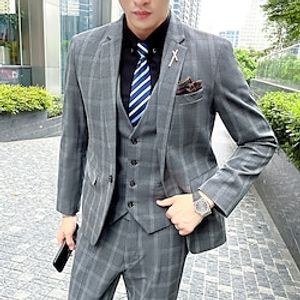 Black Dark Gray Men's Business  Ceremony  Wedding Suits 3 pcs Checkered Slim Fit Single Breasted One-button 2022 Lightinthebox