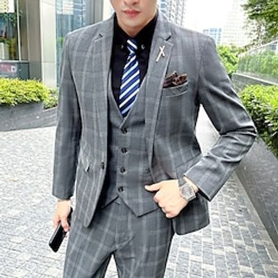 Black Dark Gray Men's Business  Ceremony  Wedding Suits 3 pcs Checkered Slim Fit Single Breasted One-button 2022 Lightinthebox