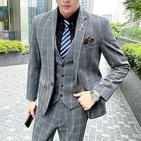 Black Dark Gray Men's Business  Ceremony  Wedding Suits 3 pcs Checkered Slim Fit Single Breasted One-button 2022 Lightinthebox - thumbnail
