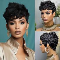 Curly Short Pixie Cut Remy Human Hair Wig Ready To Wear Black Color Water Wave Bob Full Machine Made Wigs With Bangs Lightinthebox