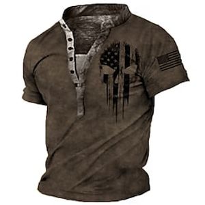 Men's T shirt Tee Graphic Prints Skull Stand Collar Street Casual Button-Down Print Short Sleeve Tops Fashion Breathable Comfortable Big and Tall Brown  Summer Lightinthebox