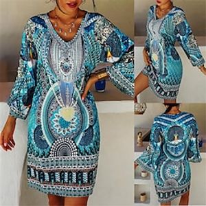 Women's Vintage Dress Casual Dress Tribal Print V Neck Mini Dress Vintage Ethnic Street Holiday 34 Length Sleeve Regular Fit Blue Summer Spring S M L XL 2XL Lightinthebox