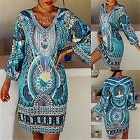 Women's Vintage Dress Casual Dress Tribal Print V Neck Mini Dress Vintage Ethnic Street Holiday 34 Length Sleeve Regular Fit Blue Summer Spring S M L XL 2XL Lightinthebox - thumbnail