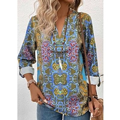 Women's Shirt Blouse Graphic Blue Print Long Sleeve Casual Fashion V Neck Regular Fit Spring   Fall Lightinthebox