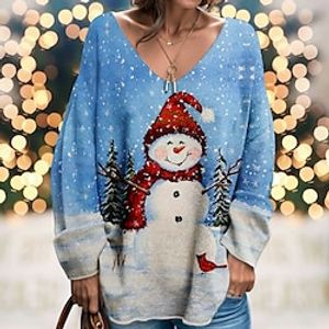 Christmas Shirt Women's T shirt Tee Snowman Yellow Pink Blue Print Long Sleeve Christmas Weekend Festival  Holiday V Neck Regular Fit Spring   Fall Lightinthebox