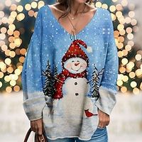 Christmas Shirt Women's T shirt Tee Snowman Yellow Pink Blue Print Long Sleeve Christmas Weekend Festival  Holiday V Neck Regular Fit Spring   Fall Lightinthebox - thumbnail