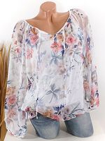Tie Collar Floral Print Long Sleeve Blouse - thumbnail