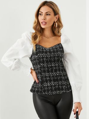 YOINS Plaid Patchwork Square Neck Long Sleeves Blouse