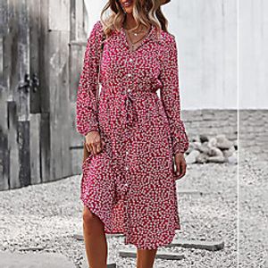 Women's A Line Dress Knee Length Dress Blue Yellow Green Black Red Long Sleeve Floral Button Print Fall Shirt Collar Casual 2021 S M L XL XXL / Cotton miniinthebox