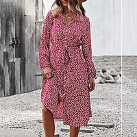 Women's A Line Dress Knee Length Dress Blue Yellow Green Black Red Long Sleeve Floral Button Print Fall Shirt Collar Casual 2021 S M L XL XXL / Cotton miniinthebox - thumbnail