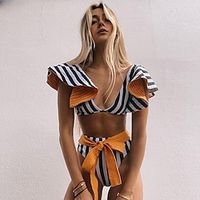 Women's Two Piece Swimsuit 2 Piece Swimwear Bathing Suit Stripes Swimwear Black Ultra Light (UL) Breathable Quick Dry Sleeveless - Swimming Surfing Water Sports Summer / Spandex / Nylon / Stretchy miniinthebox - thumbnail