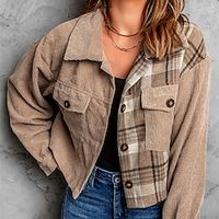 Women's Corduroy Jacket Casual Jacket Causal Button Plaid Breathable Fashion Regular Fit Outerwear Long Sleeve Winter khaki S Lightinthebox - thumbnail