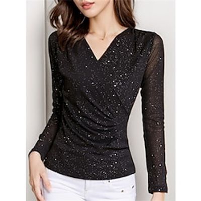 Women's Shirt Blouse Black Purple Brown Plain Long Sleeve Casual Fashion V Neck Regular Fit Spring   Fall Lightinthebox
