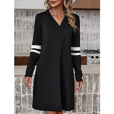 Women's Casual Dress Winter Dress Stripe Print V Neck Mini Dress Fashion Streetwear Outdoor Daily Long Sleeve Loose Fit Black Wine Navy Blue Fall Winter S M L XL XXL Lightinthebox