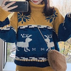 Women's Pullover Sweater Jumper Ribbed Knit Knitted Patchwork Snowflake Turtleneck Stylish Casual Christmas Daily Fall Winter Green Yellow One-Size  Cotton  Long Sleeve Lightinthebox