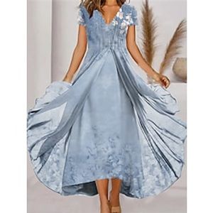 Women's Long Dress Maxi Dress Party Dress Chiffon Dress Swing Dress Floral Fashion Mature Party Wedding Guest Date Ruched Layered Short Sleeve V Neck Dress Regular Fit Blue Summer Spring S M L XL XXL Lightinthebox