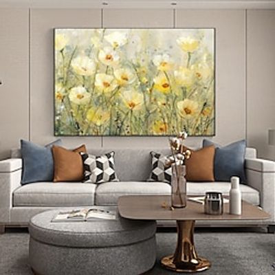 Handmade Floral Oil Painting Acrylic Canvas Wall Art Decoration Literary Romance Yellow Flowers for Home Decor Rolled Frameless Unstretched Painting miniinthebox