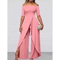 Women's Jumpsuit Print Solid Color Off Shoulder Elegant Party Prom Wide Leg Regular Fit Short Sleeve Pink Blue S M L Summer Lightinthebox