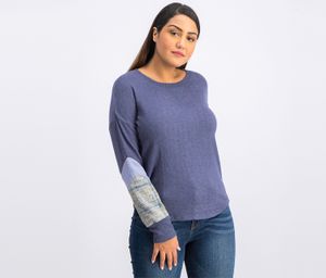 Juniors Plaid-Sleeve Hacci Sweater  Blue Combo