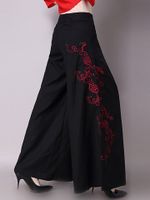 Folk Style Embroidery Wide Leg Pants