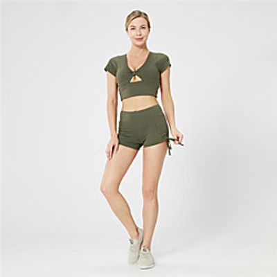 Women's 2pcs Yoga Suit Winter Open Back Cut Out Solid Color Green Nylon Yoga Fitness Gym Workout Shorts Top Bottoms Short Sleeve Sport Activewear Tummy Control Butt Lift Quick Dry Breathable Stretchy Lightinthebox