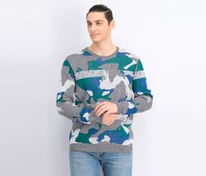 Mens Abstract Jacquard Crew Neck Sweater  Green