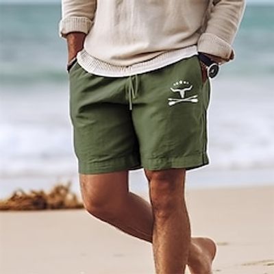 Men's Shorts Summer Shorts Beach Shorts Print Drawstring Elastic Waist Cow Comfort Breathable Short Outdoor Holiday Going out Cotton Blend Hawaiian Casual Black Army Green miniinthebox