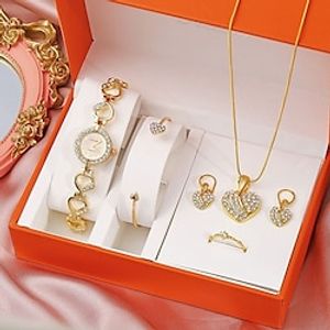 6pcs/set Fashion Luxury Casual Quartz Watch Golden Color and Inlaid Cubic Zirconia Watch Heart Bracelet Necklace Earrings Set Gifts for Girls and Women miniinthebox