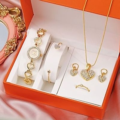 6pcs/set Fashion Luxury Casual Quartz Watch Golden Color and Inlaid Cubic Zirconia Watch Heart Bracelet Necklace Earrings Set Gifts for Girls and Women miniinthebox