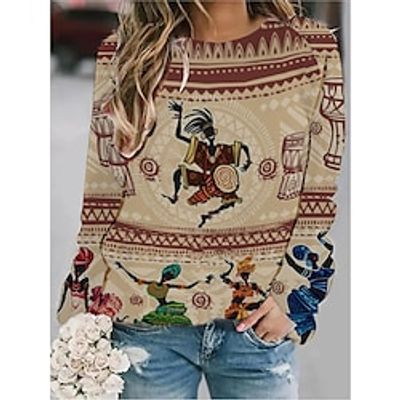 Women's Sweatshirt Pullover Active Ethnic Streetwear Print Khaki Graphic Daily Round Neck Long Sleeve S M L XL XXL / 3D Print miniinthebox