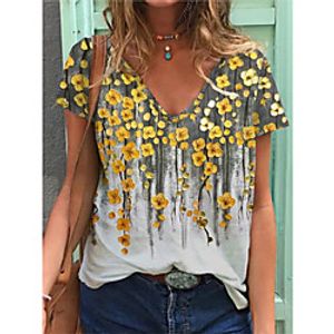 Women's Floral Theme T shirt Floral Patchwork Print V Neck Basic Tops Yellow / 3D Print miniinthebox