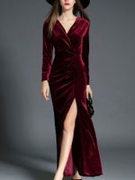 TangJie Sexy Deep V-Neck Long Sleeve Maxi Slit Dresses
