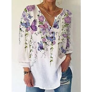 Women's Shirt White Floral Butterfly Button Print Long Sleeve Holiday Weekend Streetwear Casual V Neck Regular Floral Butterfly S miniinthebox